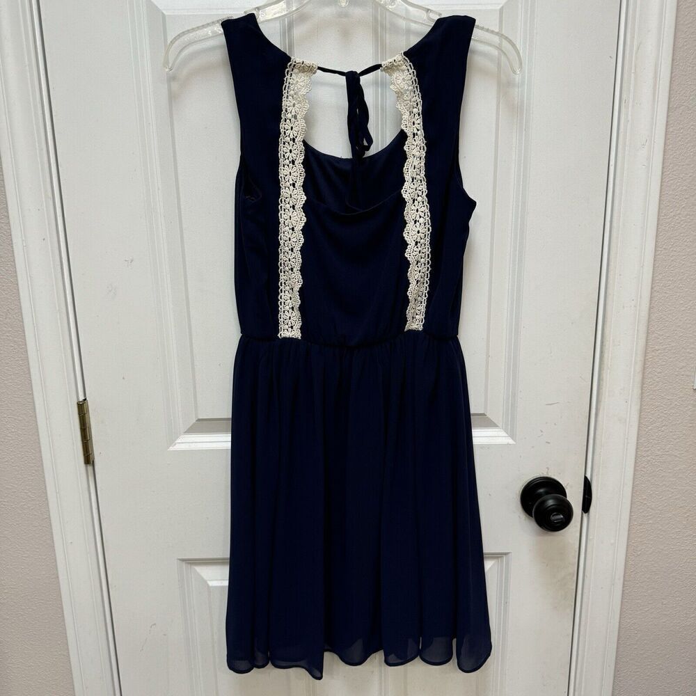 By & By Women's Lace Navy Blue Elastic Cinch Waist Mini Dress Small
